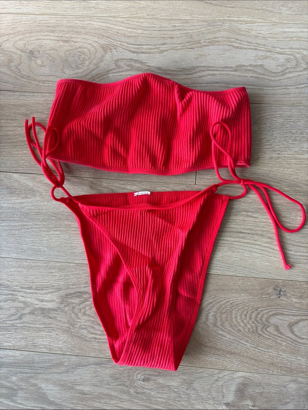 Urban Outfitters Red Ribbed Tie-Side Bikini Set
